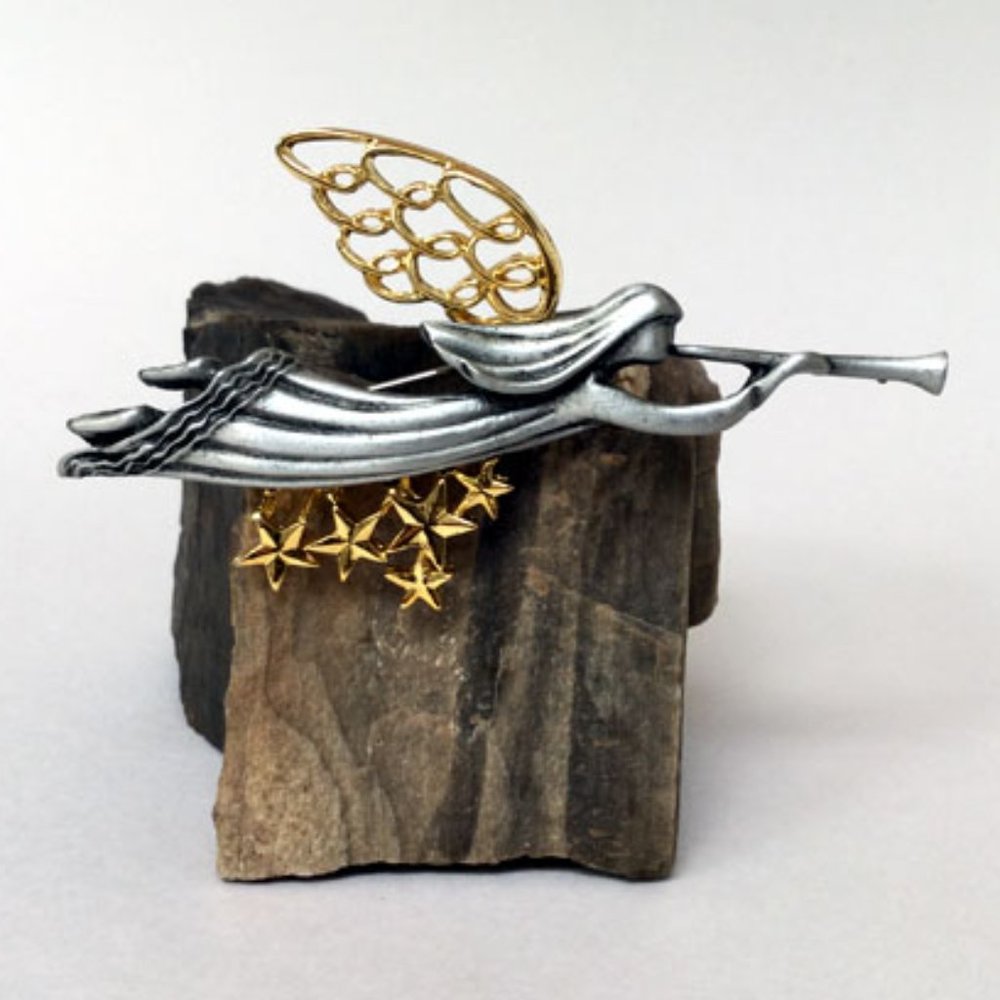 Vintage Pewter & Gold Tone Angel Brooch
